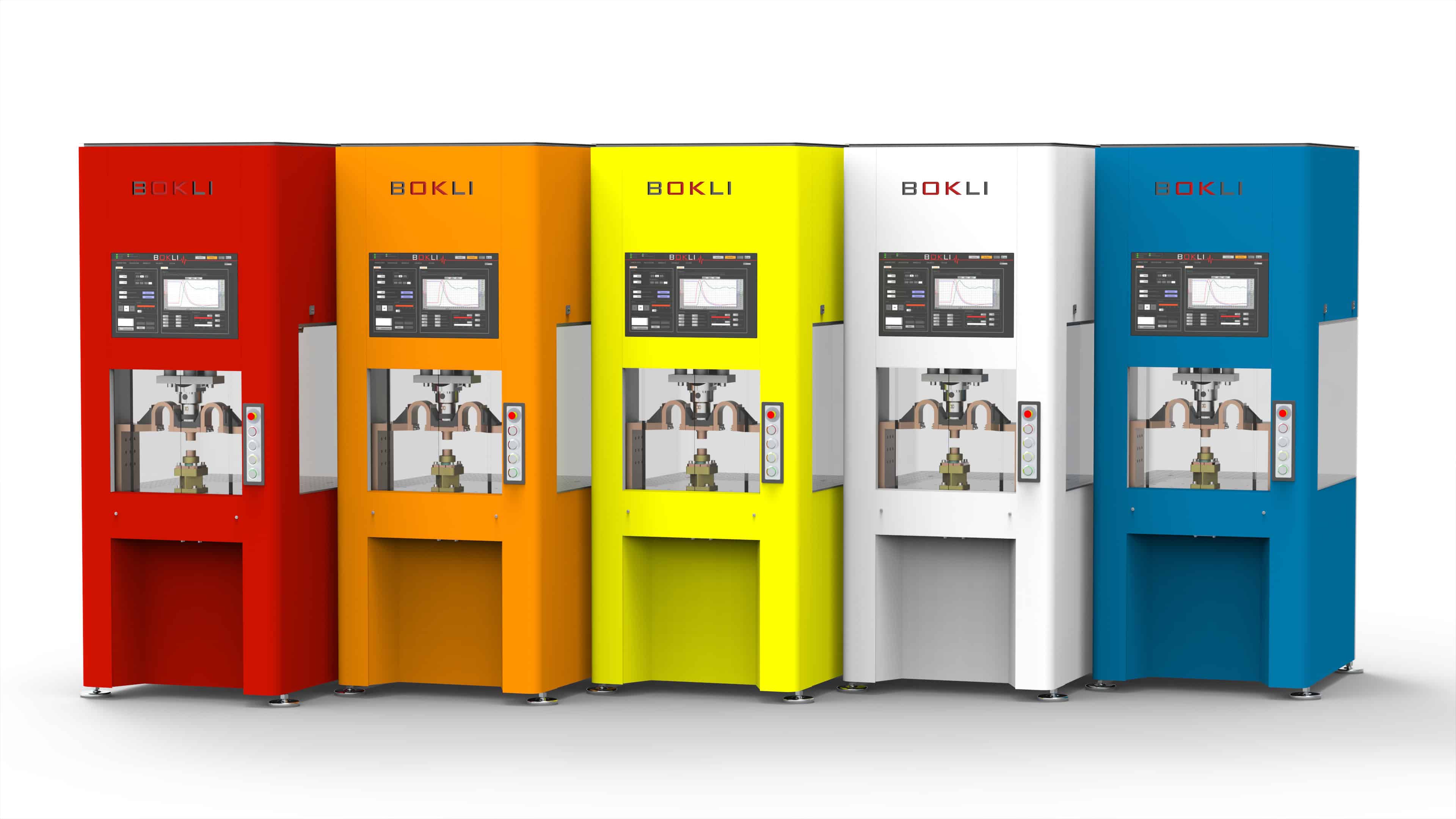 Bokli Schweissmaschinen in den Markenfarben Rot, Orange, Gelb, Weiss und Blau